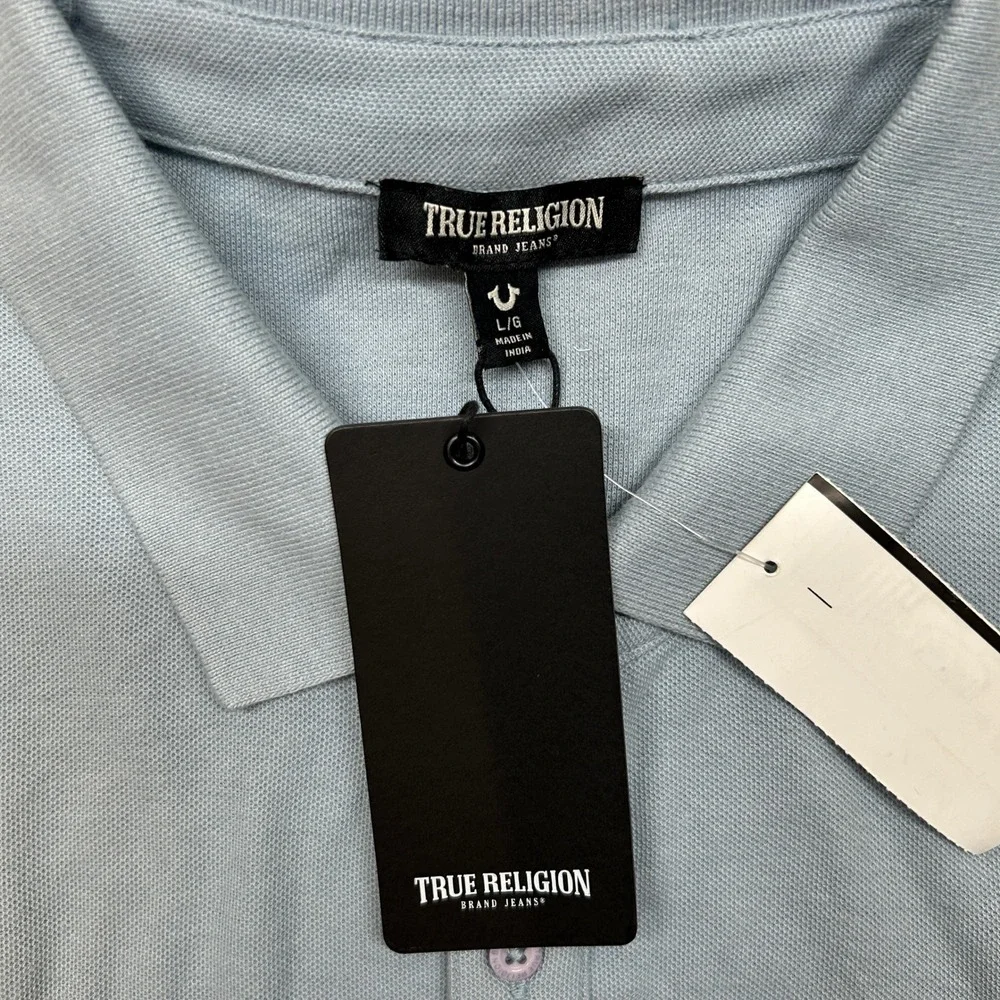 True Religion Polo Shirt‎ Mens Large Sky Blue Damask Logo Tape Trim $79 NEW